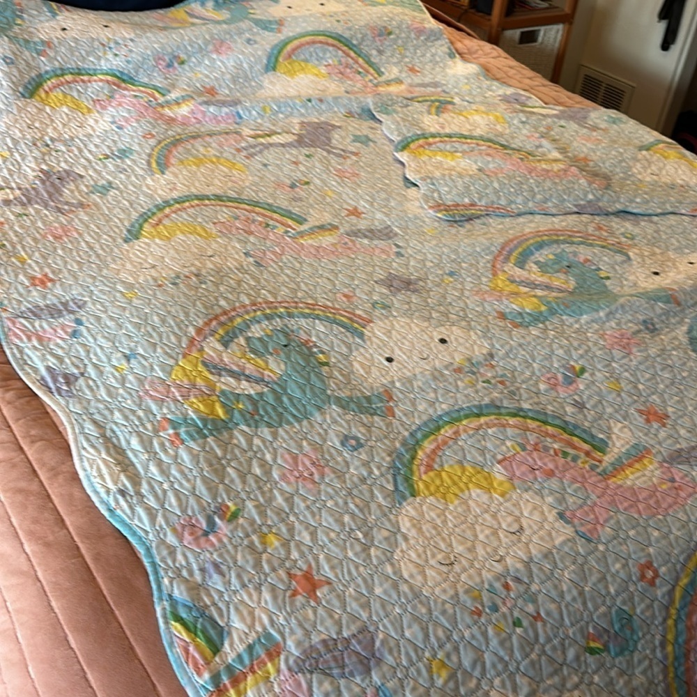 🩵🩵🩵🩵Yes I Can Twin quilt coverlet unicorn rainbows clouds blue pink w/ sham